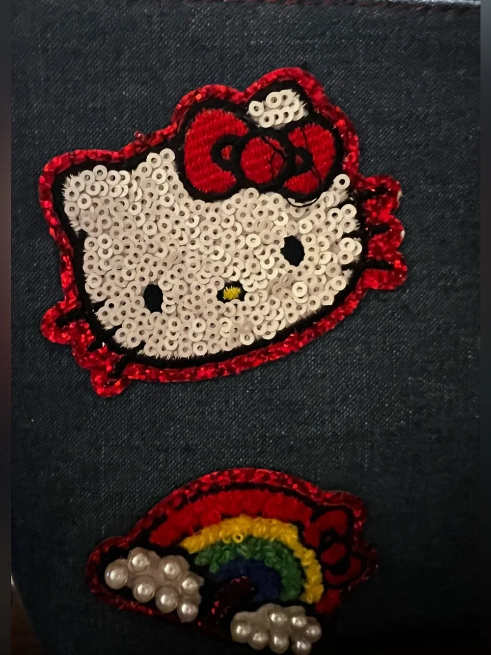 Hello Kitty Denim Wristlet Pouch Sanrio Sequin Patch Cosmetic Bag Kawaii